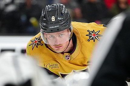 Apr 6, 2023; Las Vegas, Nevada, USA; Vegas Golden Knights center Jack Eichel (9) awaits a face off against the Los Angeles Kings during the second period at T-Mobile Arena. Mandatory Credit: Stephen R. Sylvanie-USA TODAY Sports