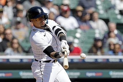 Apr 9, 2023; Detroit, Michigan, USA;  Detroit Tigers shortstop Javier Baez (28) hits a single in the third inning against the Boston Red Sox at Comerica Park. Mandatory Credit: Rick Osentoski-USA TODAY Sports