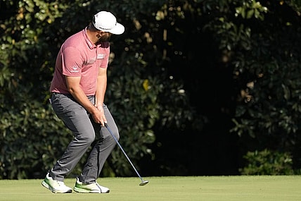 Apr 9, 2023; Augusta, Georgia, USA; Jon Rahm reacts after a putt on the 11th green during the final round of The Masters golf tournament. Mandatory Credit: Michael Madrid-USA TODAY Network