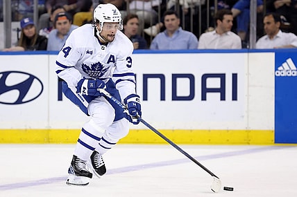Apr 13, 2023; New York, New York, USA; Toronto Maple Leafs center Auston Matthews (34) skates with the puck against the New York Rangers during the second period at Madison Square Garden. Mandatory Credit: Brad Penner-USA TODAY Sports