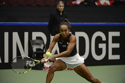 Apr 15, 2023; Vancouver, British Columbia, CAN;  Leylah Fernandez (CAN) returns the ball during her match against Ysaline Bonaventure (BEL) at Pacific Coliseum. Mandatory Credit: Anne-Marie Sorvin-USA TODAY Sports