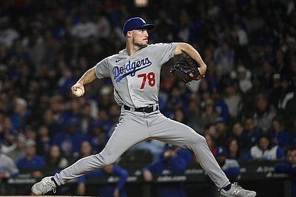 Apr 20, 2023; Chicago, Illinois, USA;   Los Angeles Dodgers starting pitcher Michael Grove (78) delivers against the Chicago Cubs during the first inning at Wrigley Field. Mandatory Credit: Matt Marton-USA TODAY Sports