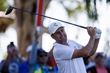 Apr 22, 2023; Adelaide,South Australia, AUS; Richard Bland of Team Creeks hits a tee shot during the second round of LIV Golf Adelaide golf tournament at Grange Golf Club. Mandatory Credit: Mike Frey-USA TODAY Sports