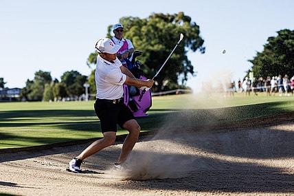 Apr 22, 2023; Adelaide,South Australia, AUS; Talor Gooch of Team Rangegoats hits a bunker shot during the second round of LIV Golf Adelaide golf tournament at Grange Golf Club. Mandatory Credit: Mike Frey-USA TODAY Sports