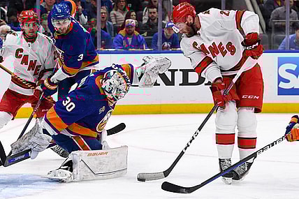 Apr 23, 2023; Elmont, New York, USA; Carolina Hurricanes right wing Stefan Noesen (23) plays the puck in front of New York Islanders goaltender Ilya Sorokin (30) during the first period in game four of the first round of the 2023 Stanley Cup Playoffs at UBS Arena. Mandatory Credit: Dennis Schneidler-USA TODAY Sports