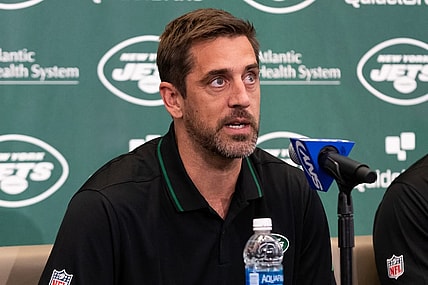 Apr 26, 2023; Florham Park, NJ, USA; New York Jets quarterback Aaron Rodgers (8) addresses the media during the introductory press conference at Atlantic Health Jets Training Center. Mandatory Credit: Tom Horak-USA TODAY Sports