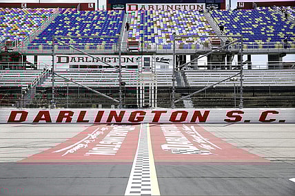 May 17, 2020, Darlington, SC, USA; The grandstands are empty at Darlington Raceway before the NASCAR Cup Series auto race. Mandatory Credit: Brynn Anderson/Pool Photo via USA TODAY Network
