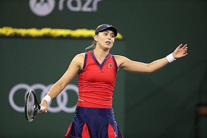 Paula Badosa reacts during her semifinal win against Ons Jabeur at the BNP Paribas in Indian Wells, Calif., on October 15, 2021.

Paula Badosa Vs Ons Jabeur Bnp Paribas2217
