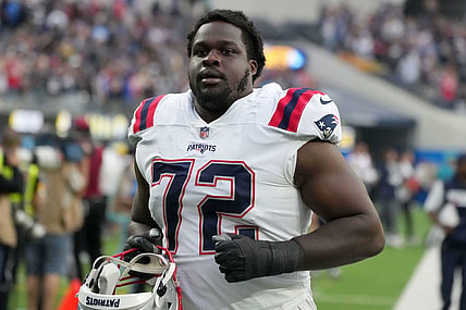 Oct 31, 2021; Inglewood, California, USA; New England Patriots offensive tackle Yodny Cajuste (72) reacts after the game against the Los Angeles Chargers at SoFi Stadium. The Patriots defeated the Chargers 27-24. Mandatory Credit: Kirby Lee-USA TODAY Sports