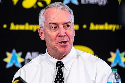 Iowa athletic director Gary Barta speaks during a news conference announcing Clarissa Chun as the inaugural head coach for the women's wrestling program, Friday, Nov. 19, 2021, at Carver-Hawkeye Arena in Iowa City, Iowa.

211119 Clarissa Chun Ia W Wr 008 Jpg