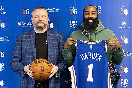 Feb 15, 2022; Camden, NJ, USA; Philadelphia 76ers guard James Harden (1) and president of basketball operations Daryl Morey (L) pose for a photo after speaking with the media at Philadelphia 76ers Training Complex. Mandatory Credit: Bill Streicher-USA TODAY Sports