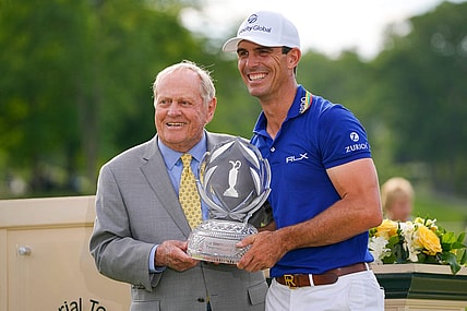 Jun 5, 2022; Dublin, Ohio, USA; Billy Horschel is awarded the trophy by Jack Nicklaus following his win in the final round of the Memorial Tournament at Muirfield Village Golf Club on June 5, 2022. Horschel won with a -13 for the tournament. Mandatory Credit: Adam Cairns-The Columbus Dispatch

Pga Memorial Tournament Final Round