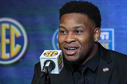 Jul 19, 2022; Atlanta, GA, USA; Mississippi State player Nathaniel Watson speaks with the media during SEC Media Days at the College Football Hall of Fame. Mandatory Credit: Dale Zanine-USA TODAY Sports