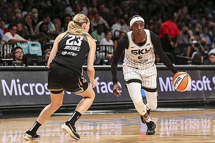 Aug 23, 2022; Brooklyn, New York, USA; Chicago Sky guard Kahleah Copper (2) looks to drive past New York Liberty guard Marine Johannes (23) in the third quarter at Barclays Center. Mandatory Credit: Wendell Cruz-USA TODAY Sports