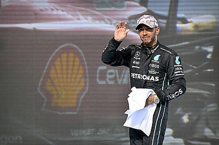 Oct 23, 2022; Austin, Texas, USA; Mercedes AMG Petronas Motorsport driver Lewis Hamilton (44) of Team Great Britain waves to the fans after the U.S. Grand Prix F1 race at Circuit of the Americas. Mandatory Credit: Jerome Miron-USA TODAY Sports