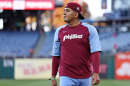 Nov 3, 2022; Philadelphia, Pennsylvania, USA; Philadelphia Phillies starting pitcher Ranger Suarez (55) looks on before game five of the 2022 World Series against the Houston Astros at Citizens Bank Park. Mandatory Credit: Bill Streicher-USA TODAY Sports