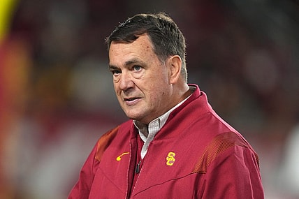Nov 5, 2022; Los Angeles, California, USA; Southern California Trojans athletic director Mike Bohn reacts in the first half against the California Golden Bears at United Airlines Field at Los Angeles Memorial Coliseum. Mandatory Credit: Kirby Lee-USA TODAY Sports