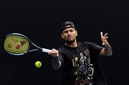 Jan 15, 2023; Melbourne, Victoria, Australia; Nick Kyrgios of Australia hits a shot during a practice session on court 16 at Melbourne Park. Mandatory Credit: Mike Frey-USA TODAY Sports