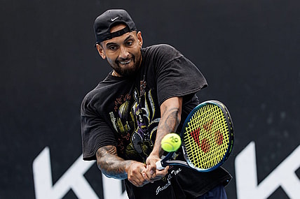 Jan 15, 2023; Melbourne, Victoria, Australia; Nick Kyrgios of Australia hits a shot during a practice session on court 16 at Melbourne Park. Mandatory Credit: Mike Frey-USA TODAY Sports
