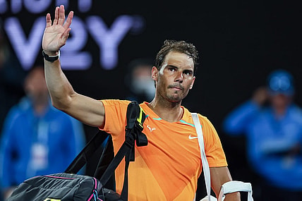Jan 18, 2023; Melbourne, VICTORIA, Australia; Rafael Nadal after his second round match against Mackenzie Mcdonald on day three of the 2023 Australian Open tennis tournament at Melbourne Park. Mandatory Credit: Mike Frey-USA TODAY Sports
