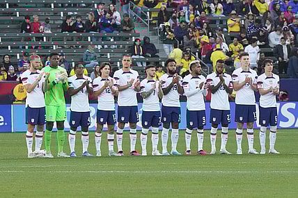 Jan 28, 2023; Carson, California, USA; USMNT players Walker Zimmerman (3), Sean Johnson (1), DeJuan Jones (4), John Tokin (12), Aaron Long (15), Paul Arriola (7), Eryk Williamson (19), Jesus Ferreira (9), Kellyn Acosta (23), Matthew Hoppe (13) and Paxten Aaronson (6) line up before the game against Columbia  Dignity Health Sports Park. The teams played to a 0-0 tie. Mandatory Credit: Kirby Lee-USA TODAY Sports