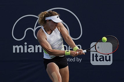 Mar 22, 2023; Miami, Florida, US; Anna-Lena Friedsam (GER) hits a backhand against Xinyu Wang (CHN) (not pictured) on day three of the Miami Open at Hard Rock Stadium. Mandatory Credit: Geoff Burke-USA TODAY Sports