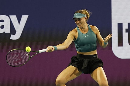 Mar 25, 2023; Miami, Florida, US; Paula Badosa (ESP) hits a forehand against Elena Rybakina (KAZ) (not pictured) on day six of the Miami Open at Hard Rock Stadium. Mandatory Credit: Geoff Burke-USA TODAY Sports