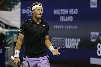 Mar 26, 2023; Miami, Florida, US; Casper Ruud (NOR) reacts after losing a point against Botic van de Zandschulp (NED) (not pictured) on day seven of the Miami Open at Hard Rock Stadium. Mandatory Credit: Geoff Burke-USA TODAY Sports