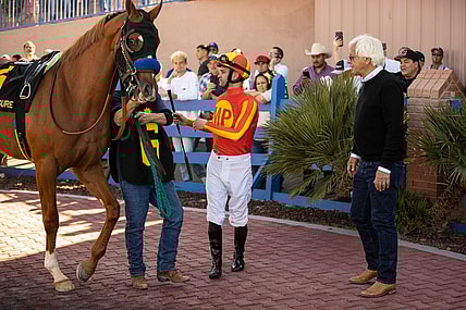 Horse trainer Bob Baffert, right, and jockey Flavien Prat and horse,    Hard to Figure   , #6, moments before racing in the 18th running of the Sunland Derby at Sunland Park Racetrack & Casino in Sunland Park, New Mexico, Sunday, March 26, 2023.