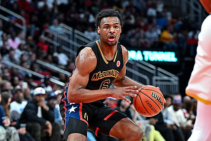 Mar 28, 2023; Houston, TX, USA; McDonald's All American West guard Bronny James (6) controls the ball during the first half against the McDonald's All American East at Toyota Center. Mandatory Credit: Maria Lysaker-USA TODAY Sports