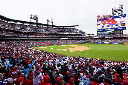 Apr 7, 2023; Philadelphia, Pennsylvania, USA; General view as Philadelphia Phillies shortstop Edmundo Sosa (33) hits a home run during the eighth inning against the Cincinnati Reds at Citizens Bank Park. Mandatory Credit: Bill Streicher-USA TODAY Sports
