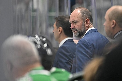 Apr 19, 2023; Dallas, Texas, USA; Dallas Stars head coach Peter DeBoer talks to his team during the second period against the Minnesota Wild in game two of the first round of the 2023 Stanley Cup Playoffs at American Airlines Center. Mandatory Credit: Jerome Miron-USA TODAY Sports