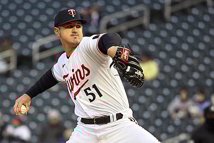 Apr 21, 2023; Minneapolis, Minnesota, USA; Minnesota Twins pitcher Tyler Mahle (51) delivers a pitch against the Washington Nationals at Target Field. Mandatory Credit: Nick Wosika-USA TODAY Sports