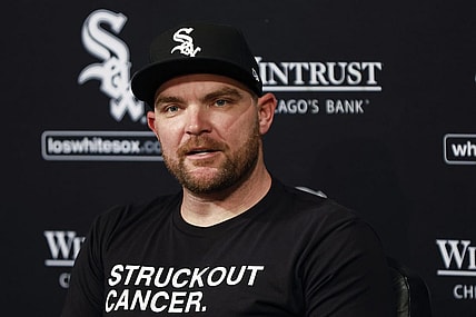 May 3, 2023; Chicago, Illinois, USA; Chicago White Sox pitcher Liam Hendriks talks about his recovery process from stage 4 non-Hodgkin lymphoma before a baseball game between the White Sox and Minnesota Twins at Guaranteed Rate Field. Mandatory Credit: Kamil Krzaczynski-USA TODAY Sports