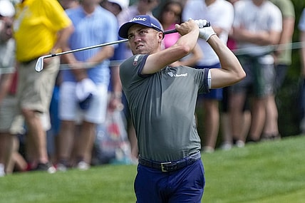 May 6, 2023; Charlotte, North Carolina, USA; Justin Thomas watches his shot to the ninth green during the third round of the Wells Fargo Championship golf tournament. Mandatory Credit: Jim Dedmon-USA TODAY Sports