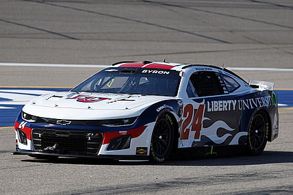 May 6, 2023; Kansas City, Kansas, USA; NASCAR Cup Series driver William Byron (24) during Cup Practice and Qualifying at Kansas Speedway. Mandatory Credit: Mike Dinovo-USA TODAY Sports