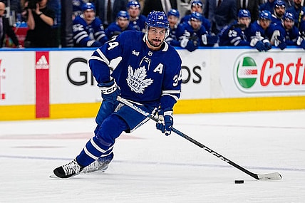 May 4, 2023; Toronto, Ontario, CANADA; Toronto Maple Leafs forward Auston Matthews (34) controls the puck against the Florida Panthers during game two of the second round of the 2023 Stanley Cup Playoffs at Scotiabank Arena. Mandatory Credit: John E. Sokolowski-USA TODAY Sports