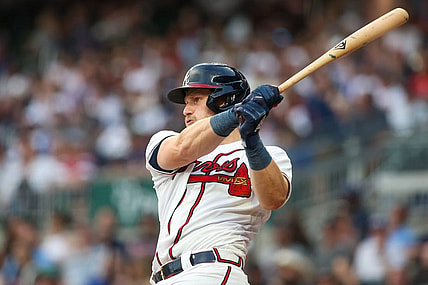 May 9, 2023; Atlanta, Georgia, USA; Atlanta Braves catcher Sean Murphy (12) hits a RBI single against the Boston Red Sox in the second inning at Truist Park. Mandatory Credit: Brett Davis-USA TODAY Sports