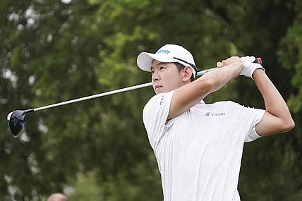 May 11, 2023; McKinney, Texas, USA; S.Y. Noh plays his shot from the eighth tee during the first round of the AT&T Byron Nelson golf tournament. Mandatory Credit: Raymond Carlin III-USA TODAY Sports