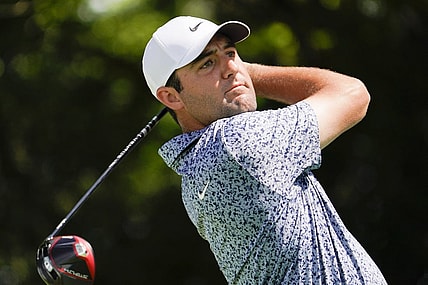 May 13, 2023; McKinney, Texas, USA; Scottie Scheffler plays his shot from the second tee during the third round of the AT&T Byron Nelson golf tournament. Mandatory Credit: Raymond Carlin III-USA TODAY Sports