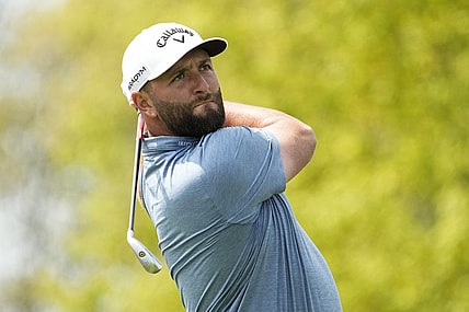 May 15, 2023; Rochester, New York, USA; Jon Rahm tees off on the 8th hole during a practice round of the PGA Championship golf tournament at Oak Hill Country Club. Mandatory Credit: Adam Cairns-USA TODAY Sports