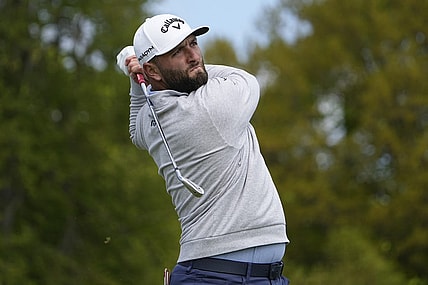 May 17, 2023; Rochester, New York, USA; Jon Rahm tees off on the 12th hole during a practice round of the PGA Championship golf tournament at Oak Hill Country Club. Mandatory Credit: Adam Cairns-USA TODAY Sports