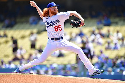 May 17, 2023; Los Angeles, California, USA; Los Angeles Dodgers starting pitcher Dustin May (85) throws against the Minnesota Twins during the first inning at Dodger Stadium. Mandatory Credit: Gary A. Vasquez-USA TODAY Sports