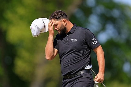 May 18, 2023; Rochester, New York, USA; Jon Rahm reacts after a putt on the ninth green during the first round of the PGA Championship golf tournament at Oak Hill Country Club. Mandatory Credit: Aaron Doster-USA TODAY Sports