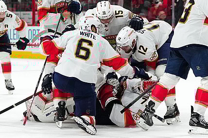 May 18, 2023; Raleigh, North Carolina, USA; Florida Panthers goaltender Sergei Bobrovsky (72) celebrates with his teammates after a game one in the Eastern Conference Finals of the 2023 Stanley Cup Playoffs against the Carolina Hurricanes at PNC Arena. Mandatory Credit: James Guillory-USA TODAY Sports