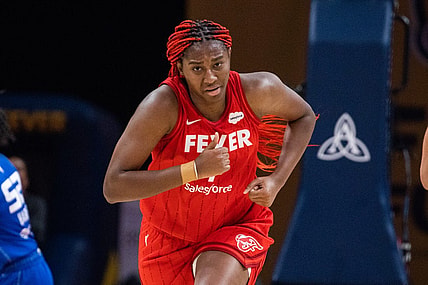 May 19, 2023; Indianapolis, Indiana, USA; Indiana Fever forward Aliyah Boston (7)  in the first half against the Connecticut Sun at Gainbridge Fieldhouse. Mandatory Credit: Trevor Ruszkowski-USA TODAY Sports