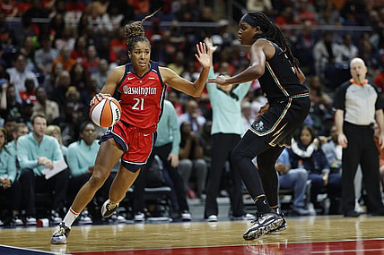 May 19, 2023; Washington, District of Columbia, USA; Washington Mystics forward Tianna Hawkins (21) drives to the basket as New York Liberty forward Jonquel Jones (35) defends at Entertainment & Sports Arena. Mandatory Credit: Geoff Burke-USA TODAY Sports