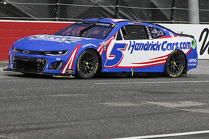 May 20, 2023; North Wilkesboro, North Carolina, USA;  NASCAR Cup Series driver Kyle Larson (5) during the second heat race at North Wilkesboro Speedway. Mandatory Credit: Jim Dedmon-USA TODAY Sports