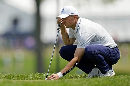 May 21, 2023; Rochester, New York, USA; Jordan Spieth lines up a putt on the ninth green during the final round of the PGA Championship golf tournament at Oak Hill Country Club. Mandatory Credit: Adam Cairns-USA TODAY Sports