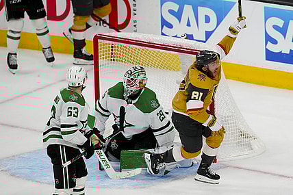 May 21, 2023; Las Vegas, Nevada, USA; Vegas Golden Knights right wing Jonathan Marchessault (81) celebrates after he scores the game tying goal against Dallas Stars goaltender Jake Oettinger (29) during the third period in game two of the Western Conference Finals of the 2023 Stanley Cup Playoffs at T-Mobile Arena. Mandatory Credit: Stephen R. Sylvanie-USA TODAY Sports